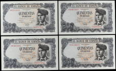 Spanish Banknotes
Estado Español
Lote 4 billetes 500 Pesetas. 23 Julio 1971. Verdaguer. Series A, P, S y T. (Leves arruguitas en margenes). Ed-473a....