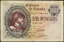 Spanish Banknotes
Estado Español
1.000 Pesetas. 21 Octubre 1940. Carlos I. Numeración: 0001428. (Manchitas y leves roturas). Ed-445. MBC-.