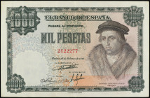 Spanish Banknotes
Estado Español
1.000 Pesetas. 19 Febrero 1946. Luis Vives. (Arruguitas, levísimas manchitas, esquinas algo redondeadas). Ed-453. E...