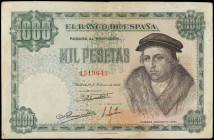Spanish Banknotes
Estado Español
1.000 Pesetas. 19 Febrero 1946. Luis Vives. (Algo sucio). Ed-453. MBC+.