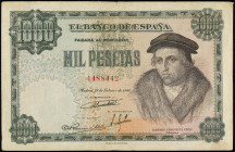 Spanish Banknotes
Estado Español
1.000 Pesetas. 19 Febrero 1946. Luis Vives. (Leves manchitas y alguna leve rotura de papel en margen). Ed-453. MBC-...