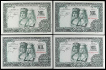 Spanish Banknotes
Estado Español
Lote 4 billetes 1.000 Pesetas. 29 Noviembre 1957. Reyes Católicos. Series I, 1P, 1U y 1Y. Ed-469b. SC- a SC.
