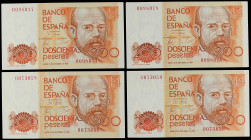 Spanish Banknotes
Juan Carlos I
Lote 4 billetes 200 Pesetas. 16 Septiembre 1980. Clarín. Sin Serie. Dos parejas correlativas. Ed-480. SC.
