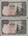 Spanish Banknotes
Juan Carlos I
Lote 2 billetes 5.000 Pesetas. 6 Febrero 1976. Carlos III. Serie G. Pareja correlativa. (Arruguitas). Ed-475a. SC.