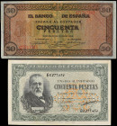 Banknotes Lots and Collections
Lote 2 billetes 50 Pesetas. 50 Pesetas Mayo 1938 Castillo de Olite Serie C y 50 Pesetas 1940 Menedez Pelayo Serie B. E...
