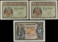 Banknotes Lots and Collections
Lote 3 billetes 1 (2) y 2 Pesetas. 30 Abril 1938. 1 Peseta Serie A pareja correlativa y 2 Pesetas Serie M. Ed-428, 429...