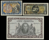 Banknotes Lots and Collections
Lote 3 billetes 1 (2) y 100 Pesetas. Hernán Cortés. Serie B (calidad EBC+), 1 Peseta 1940 Carabela Serie E (calidad SC...