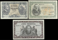 Banknotes Lots and Collections
Lote 3 billetes 25, 50 y 100 Pesetas. 9 Enero 1940. Herrera Serie A, Menendez pelayo Serie B y Colón Serie A. A EXAMIN...