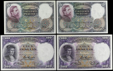 Banknotes Lots and Collections
Lote 4 billetes 50 (2) y 100 Pesetas (2). 25 Abril 1931. Rosales y Fernández de Córdoba. Ed-359, 360. SC.