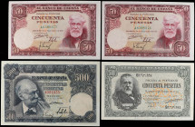 Banknotes Lots and Collections
Lote 4 billetes 50 (3) y 500 Pesetas. 1940 y 1951. Incluye: 50 Pesetas 1940 Menendez pelayo Serie B EBC-, 2x 50 Peseta...