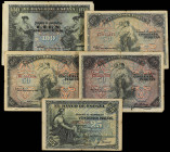 Banknotes Lots and Collections
Lote 5 billetes 25, 50 (3) y 100 Pesetas. 30 junio y 24 Septiembre 1906. 25 Pesetas Serie A; 3x 50 Pesetas Series A, B...
