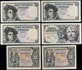 Banknotes Lots and Collections
Lote 6 billetes 2 (2) y 5 Pesetas (4). 1938, 1947 y 1948. Incluye: 2x 2 Pesetas 30 Abril 1938 Serie F pareja correlati...