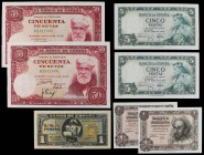Banknotes Lots and Collections
Lote 7 billetes 1 a 50 Pesetas. 1940 a 1961. 1 Peseta 1940 Carabela Serie G (Calidad SC-, algo sucio). 1 peseta Don qu...