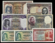 Banknotes Lots and Collections
Lote 7 billetes 5 a 500 Pesetas. 5 Pesetas 1935 pareja correlativa, 10 Pesetas 1935, Fernández de Córdoba, Ramón y Caj...