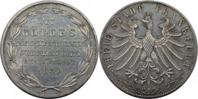 Altdeutsche Münzen und Medaillen, FRANKFURT - STADT. Doppelgulden 1849, 100. Geburtstag von Goethe. Silber. AKS 41. Fast Stempelglanz