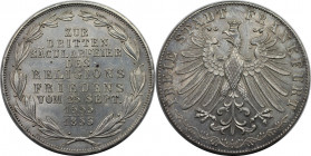 Altdeutsche Münzen und Medaillen, FRANKFURT - STADT. Doppelgulden 1855, "3. Säcularfeier des Religionsfriedens 1555". Silber. AKS 42. Stempelglanz