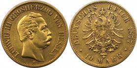 Deutsche Münzen und Medaillen ab 1871, REICHSGOLDMÜNZEN. Hessen. Ludwig III. (1848-1877). 10 Mark 1877 H. Gold. Jaeger 216. Vorzüglich