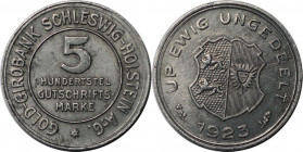 Deutsche Münzen und Medaillen ab 1871, DEUTSCHE NEBENGEBIETE. Provinz Schleswig-Holstein. 5 Hudertstel Gutschriftsmarke 1923. Jaeger N38. Vorzüglich