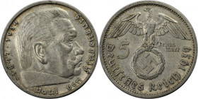 Deutsche Münzen und Medaillen ab 1871, 3. REICH 1933-1945. K.r. Paul v.Hindenburg. 5 Mark 1939 D, Silber. Jaeger 367. Sehr Schön-Vorzüglich