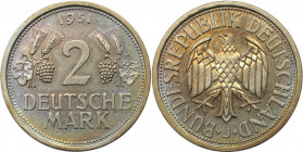 Deutsche Münzen und Medaillen ab 1945, BUNDESREPUBLIK DEUTSCHLAND. Kursmünze - Ähren und Trauben. 2 Mark 1951 J, Kupfer-Nickel. Jaeger 386. Vorzüglich...