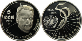 Europäische Münzen und Medaillen, Belgien / Belgium. 50 Jahre UNO. 5 Ecu 1995. 22,85 g. 0.925 Silber. 0.68 OZ. KM 200. Polierte Platte