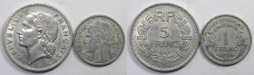 Europäische Münzen und Medaillen, Frankreich / France, Lots und Sammlungen. 1 Franc 1957, KM 885a.1, 5 Francs 1947, KM 888b.2. Lot von 2 Münzen. Alumi...