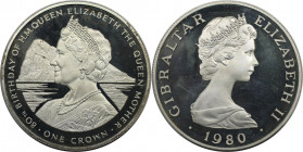 Europäische Münzen und Medaillen, Gibraltar. Geburtstag Königinmutter Elizabeth. 1 Crown 1980. 28,28 g. 0.925 Silber. 0.84 OZ. KM 11a. Polierte Platte...