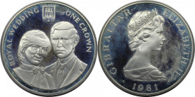 Europäische Münzen und Medaillen, Gibraltar. Hochzeit Diana und Prince Charles. 1 Crown 1981. 28,28 g. 0.925 Silber. 0.84 OZ. KM 14a. Polierte Platte...