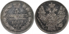 Russische Münzen und Medaillen, Nikolaus I. (1826-1855). 5 Kopeken 1849 SPB PA, St. Petersburg. Silber. 1,04 g. Bitkin 405. Vorzüglich+