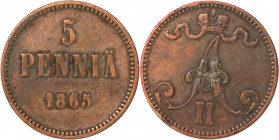 Russische Münzen und Medaillen, Alexander II. (1854-1881), 5 Penniä 1865, Finnland. Kupfer. Vorzüglich