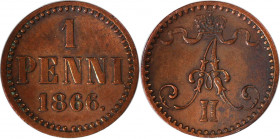 Russische Münzen und Medaillen, Alexander II. (1854-1881), 1 Penni 1866, Finnland. Kupfer. Bitkin 666. Vorzüglich