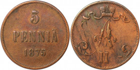 Russische Münzen und Medaillen, Alexander II. (1854-1881), 5 Penniä 1875, Finnland. Kupfer. KM 4.2. Bitkin 657. Vorzüglich