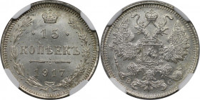 Russische Münzen und Medaillen, Nikolaus II. (1894-1918). 15 Kopeken 1917 BC, Silber. Bitkin 144 (R). NGC MS 65
