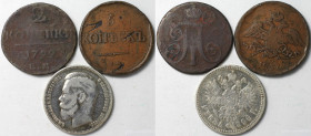 Russische Münzen und Medaillen, Lots und Samllungen Russische Münzen und Medaillen. 2 Kopeken 1799 EM, 5 Kopeken 1837 EM-HA, 1 Rubel 1896, Lot von 3 M...