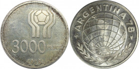 Weltmünzen und Medaillen, Argentinien / Argentina. Fußball-WM Argentinien 1978. 3000 Pesos 1978. 25,0 g. 0.900 Silber. 0.72 OZ. KM 80. Stempelglanz