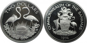 Weltmünzen und Medaillen, Bahamas. Flamingos. 2 Dollars 1974. 29,80 g. 0.925 Silber. 0.93 OZ. KM 66a. Polierte Platte