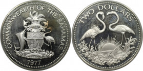 Weltmünzen und Medaillen, Bahamas. Flamingos. 2 Dollars 1977. 29,80 g. 0.925 Silber. 0.89 OZ. KM 66a. Polierte Platte