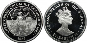 Weltmünzen und Medaillen, Bahamas. Columbus mit Flagge und Schwert. 10 Dollars 1989. 28,28 g. 0.925 Silber. 0.84 OZ. KM 128. Polierte Platte
