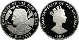 Weltmünzen und Medaillen, Bahamas. Kolumbus. 10 Dollars 1990. 28,28 g. 0.925 Silber. 0.84 OZ. KM 133. Polierte Platte