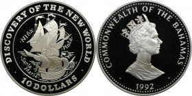 Weltmünzen und Medaillen, Bahamas. Segelschiff. 10 Dollars 1992. 28,28 g. 0.925 Silber. 0.84 OZ. KM 197. Polierte Platte
