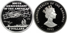 Weltmünzen und Medaillen, Bahamas. 500. Jahrestag des ersten Fluges der Americas-Wright Brüder. 5 Dollars 1992. 19,44 g. 0.925 Silber. 0.58 OZ. KM 147...