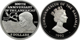 Weltmünzen und Medaillen, Bahamas. 500. Jahrestag des Amerika-Panamakanals. 5 Dollars 1992. 19,44 g. 0.925 Silber. 0.58 OZ. KM 149. Polierte Platte