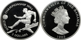 Weltmünzen und Medaillen, Bahamas. "Fußball-Weltmeisterschaft 1994". 5 Dollars 1993. 23,33 g. 0.925 Silber. 0.69 OZ. KM 169. Polierte Platte