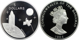 Weltmünzen und Medaillen, Bahamas. Space Shuttle und Satellit. 5 Dollars 1994. 31,10 g. 0.999 Silber. 1.0 OZ. KM 171. Polierte Platte