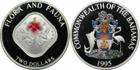Weltmünzen und Medaillen, Bahamas. Farbmünze. Hibiskus. 2 Dollars 1995. 30,08 g. 0.999 Silber. 1.0 OZ. KM 164. Polierte Platte