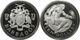 Weltmünzen und Medaillen, Barbados. Neptun mit Fisch und Dreizack. 10 Dollars 1973. 37,90 g. 0.925 Silber. 1.13 OZ. KM 17a. Polierte Platte, Patina.