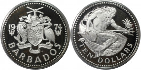 Weltmünzen und Medaillen, Barbados. Neptun mit Fisch und Dreizack. 10 Dollars 1974. 37,90 g. 0.925 Silber. 1.13 OZ. KM 17a. Polierte Platte, Patina. F...