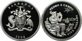 Weltmünzen und Medaillen, Barbados. Pedro A. Campo. 5 Dollars 1994. 28,28 g. 0.925 Silber. 0.84 OZ. KM 59. Polierte Platte
