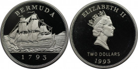 Weltmünzen und Medaillen, Bermuda. 200 Jahre Münzgeschichte, Segelschiff. 2 Dollars 1993. 23,0 g. 0.925 Silber. 0.68 OZ. KM 81. Polierte Platte