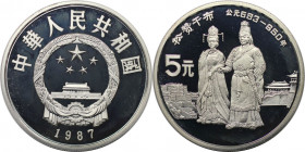 Weltmünzen und Medaillen, China. Prinzessin Song Zan und Gan Bu. 5 Yuan 1987. 31,47 g. 0.900 Silber. 0.91 OZ. KM 172. Polierte Platte